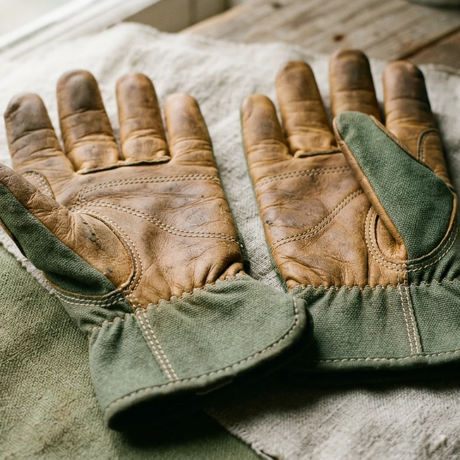 Close detail of leather palm stitching on Briers-style gardening gloves