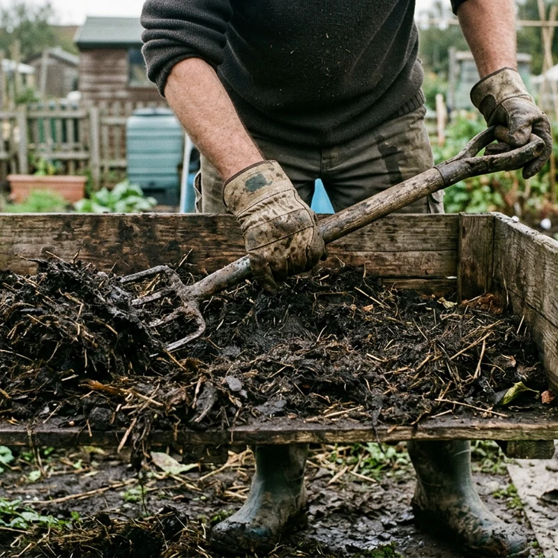 Allotment holder turning compost while wearing garden gloves