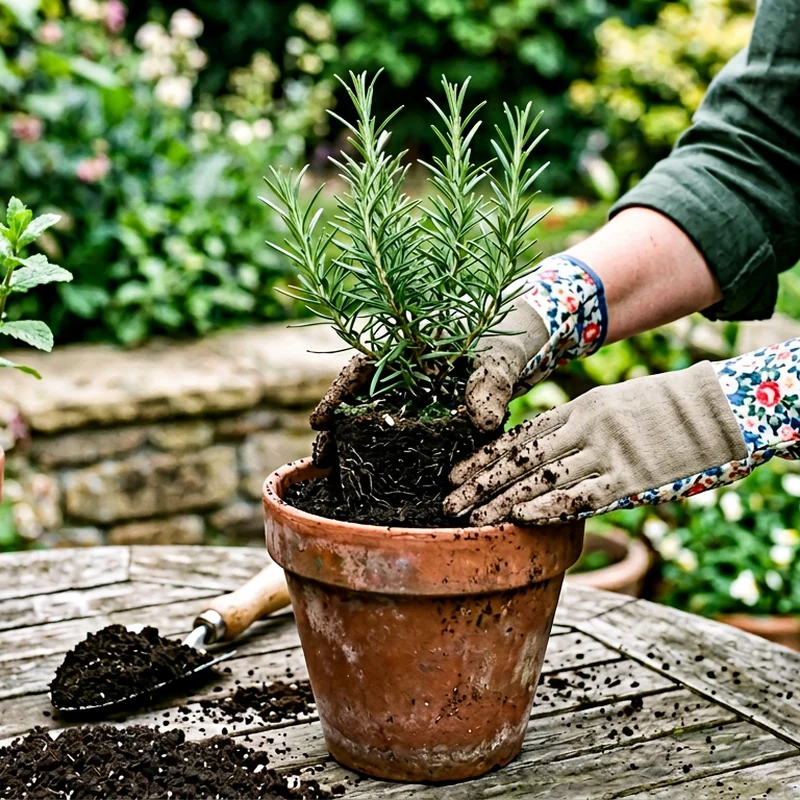 Container herb gardening with ladies-fit gloves