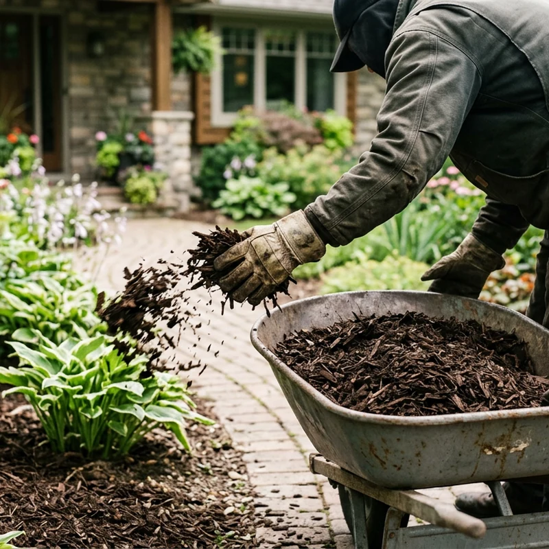 Landscaper spreading bark chips in heavy-duty gloves