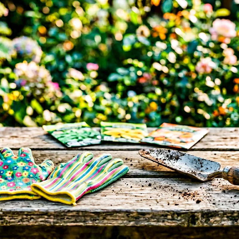 Family gardening with child-size gloves beside tools