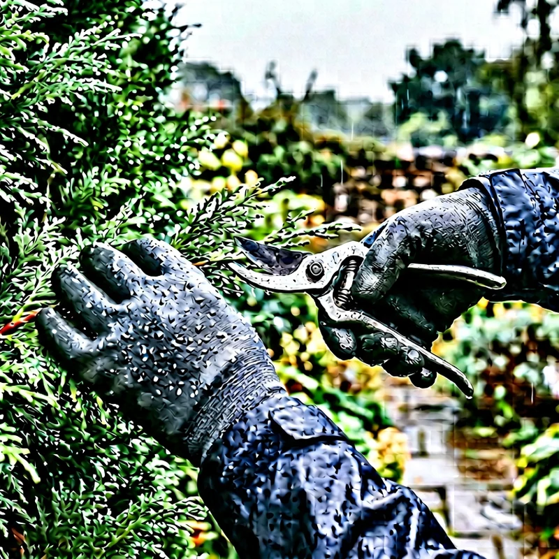 Rain-beaded rubber-coated gloves trimming wet shrubs