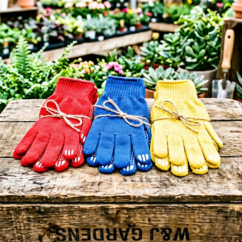 Colourful three-pack knit garden gloves on a wooden crate