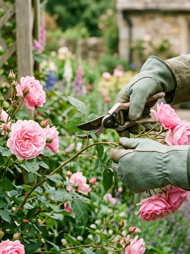 Gardener wearing gloves while pruning roses in soft daylight