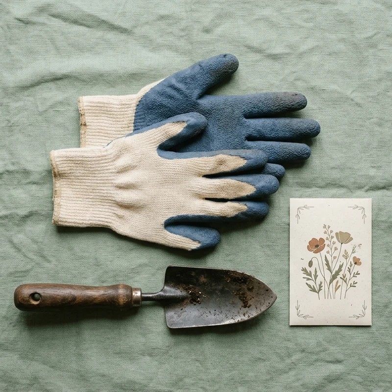 Flat lay of cotton and nitrile gardening gloves on linen