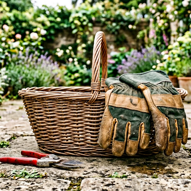 Thorn-resistant gauntlet gloves with secateurs on a trug