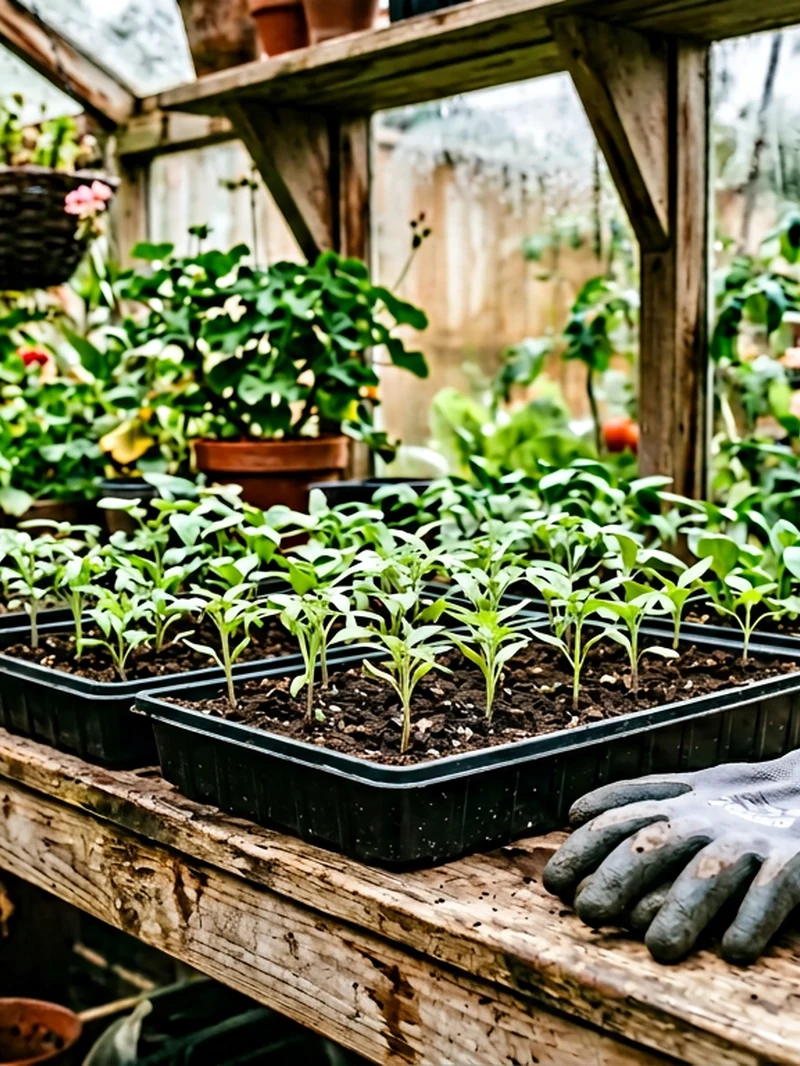 Greenhouse bench with seedlings and dipped gloves