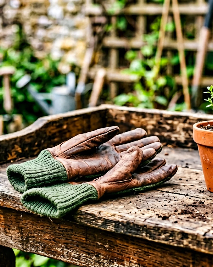 Premium Briers-style gardening gloves arranged on a UK potting bench with terracotta pots