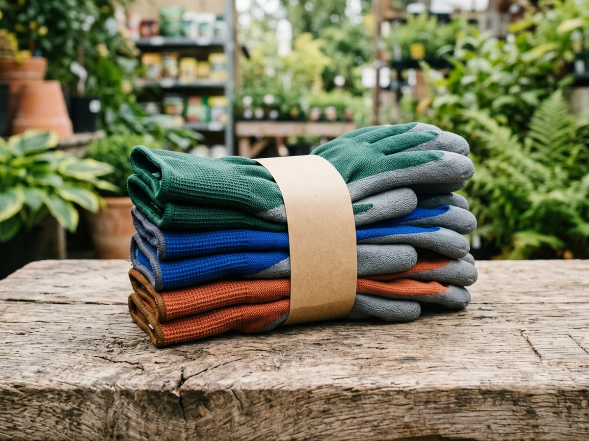 Three pairs of colourful knit gardening gloves in retail bundle layout