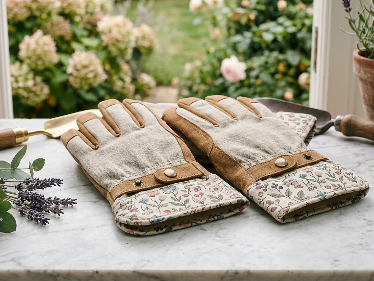 Ladies gardening gloves with floral cuff detail on marble tile