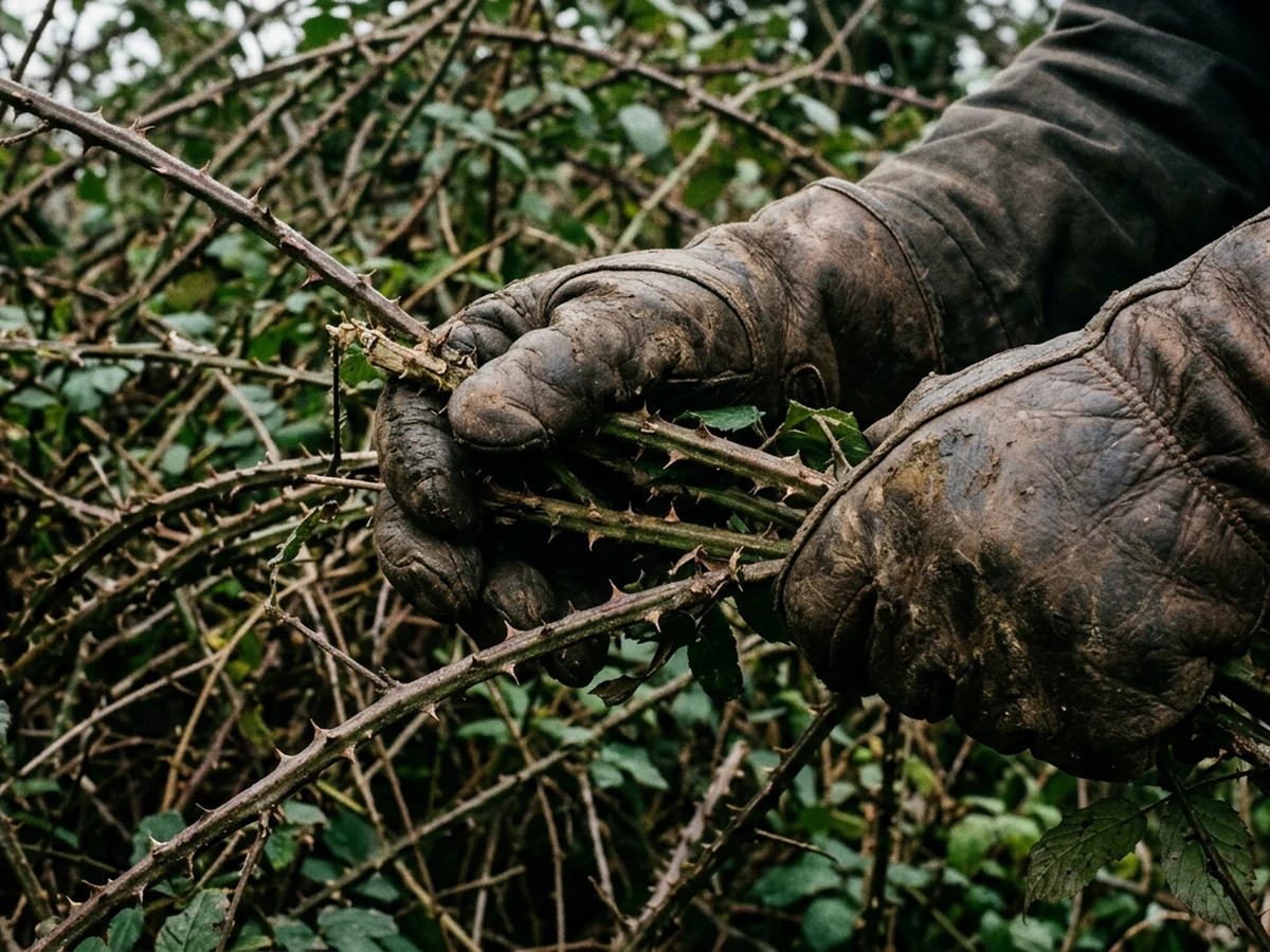 Large heavy-duty gardening gloves gripping bramble stems