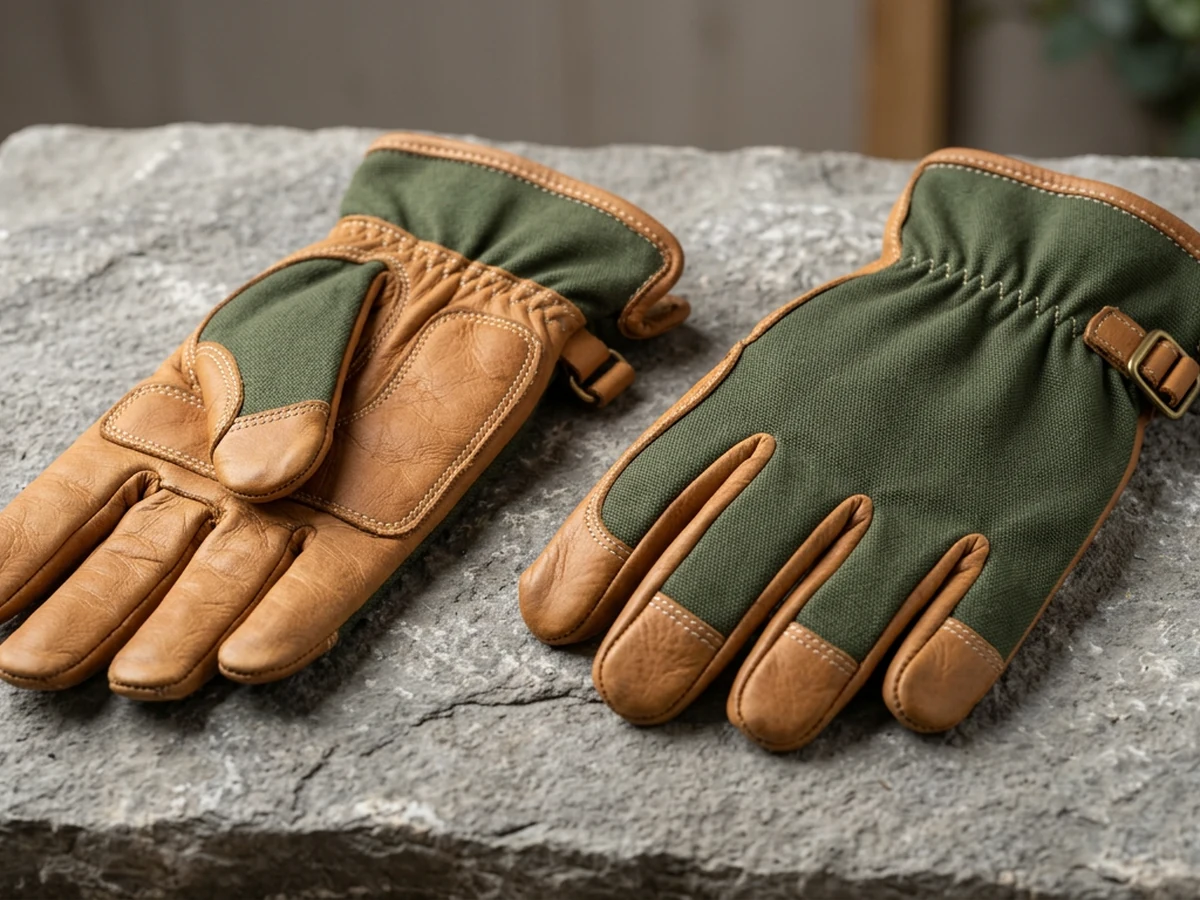 Studio-style leather palm gardening gloves on neutral stone surface