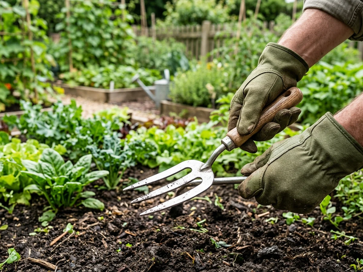 Medium-size gardening gloves on hands holding a hand fork