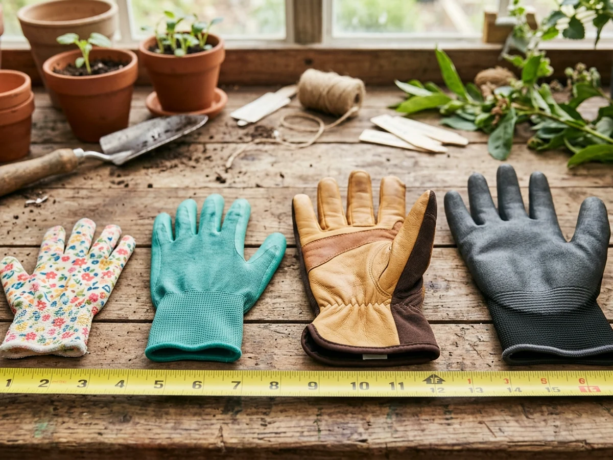 Gardening gloves lined up small to large with measuring tape for sizing