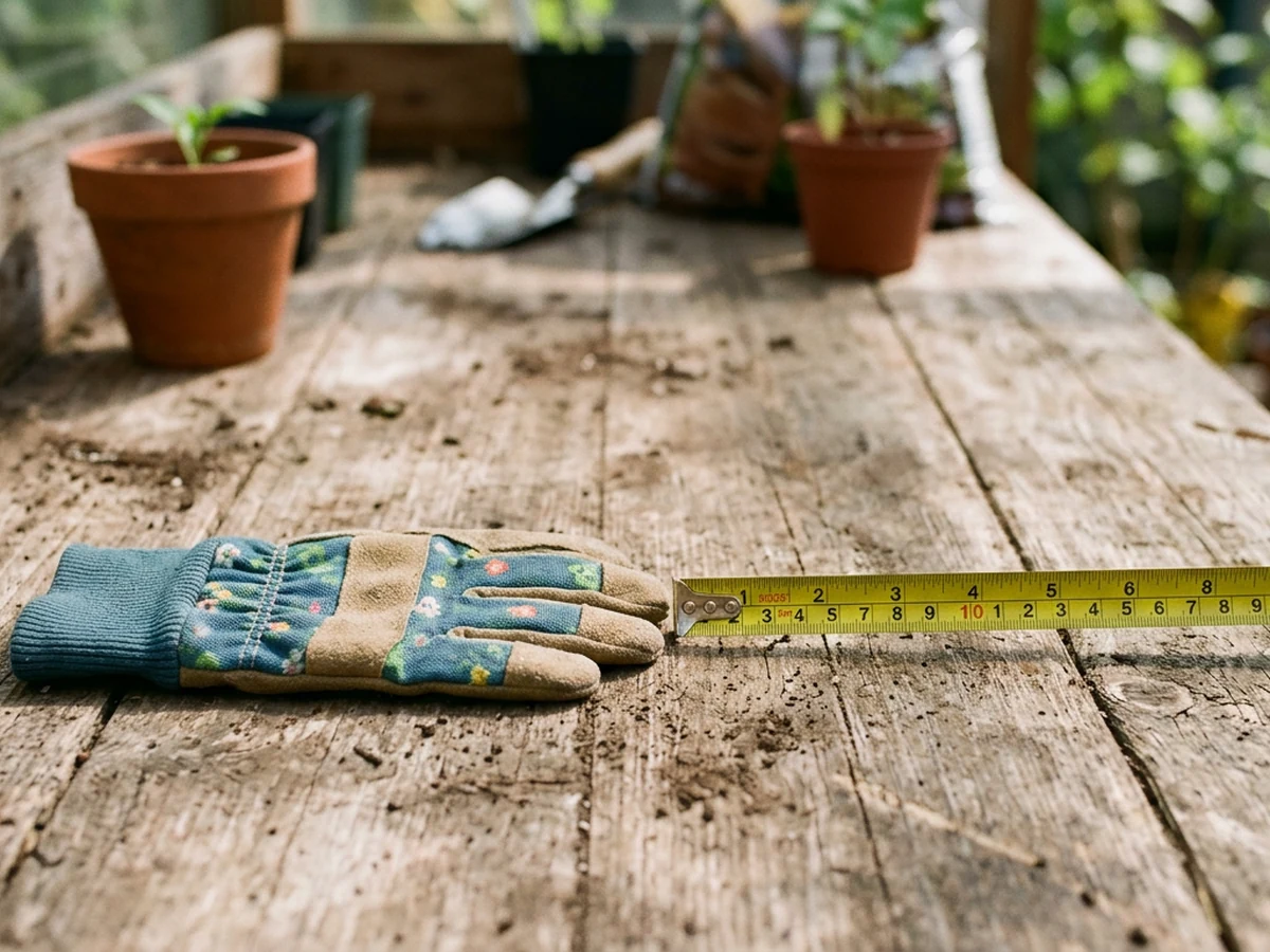 Small gardening gloves beside measuring tape on a potting bench