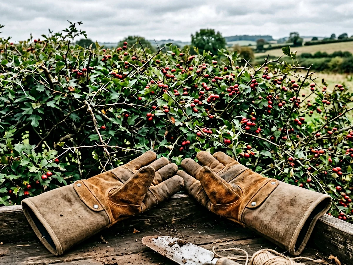 Long cuff thorn-proof gauntlet gloves near a hawthorn hedge