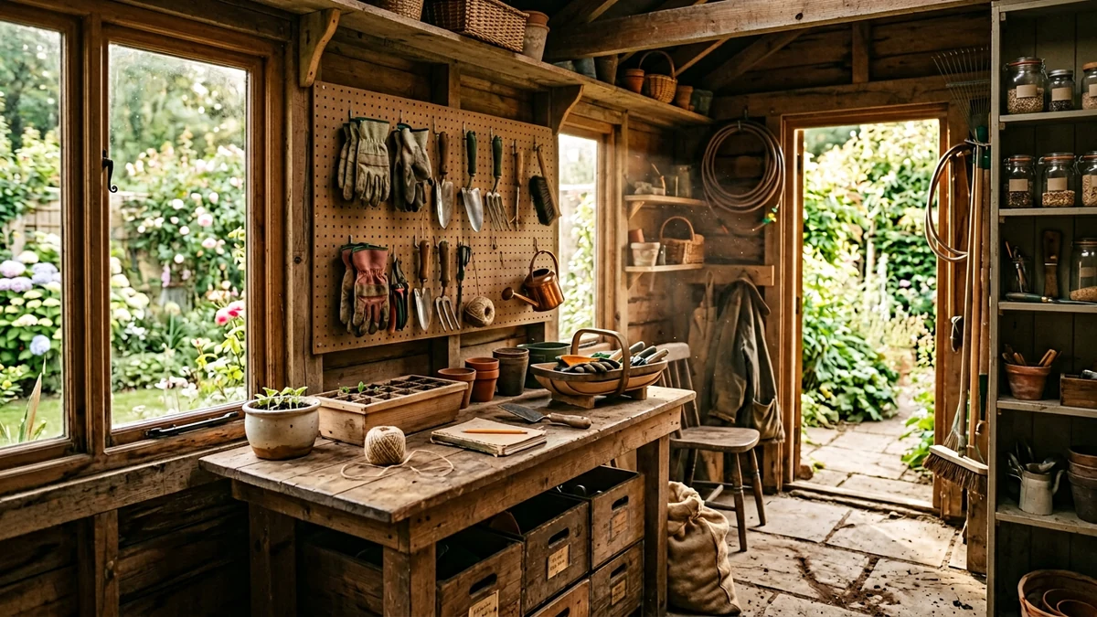 Organised garden shed with gloves on pegboard and tidy tools